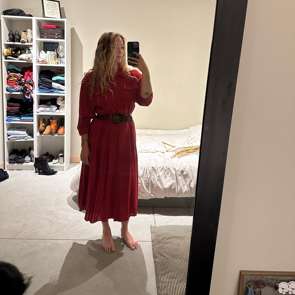 Vintage red button up dress with belt size medium